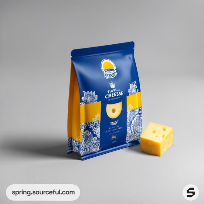 Dark blue cheese pouch with yellow accents, floral design, resealable packaging.