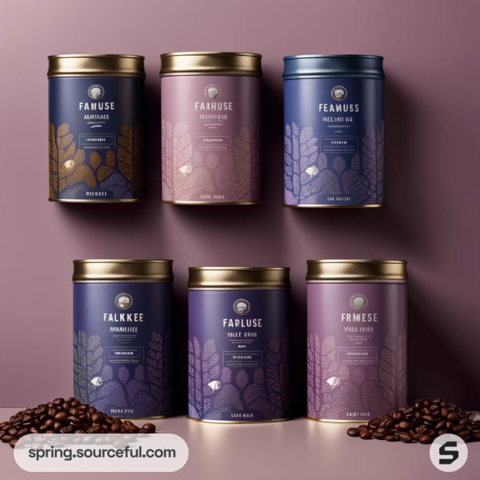 Six cylindrical coffee tins in dark blue, purple, and brown shades, with coffee beans scattered at the bottom.