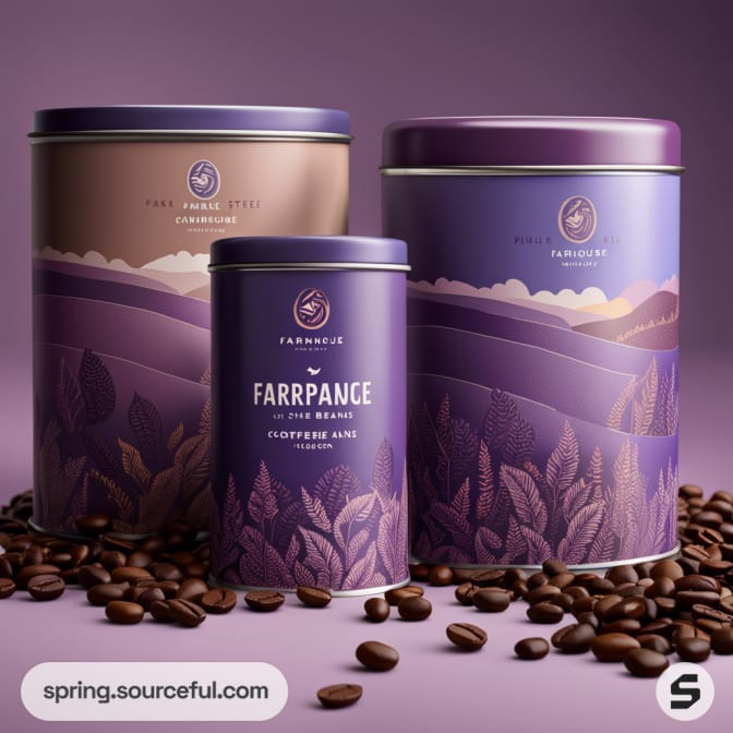 Three cylindrical tins with purple and brown scenic designs, surrounded by coffee beans.