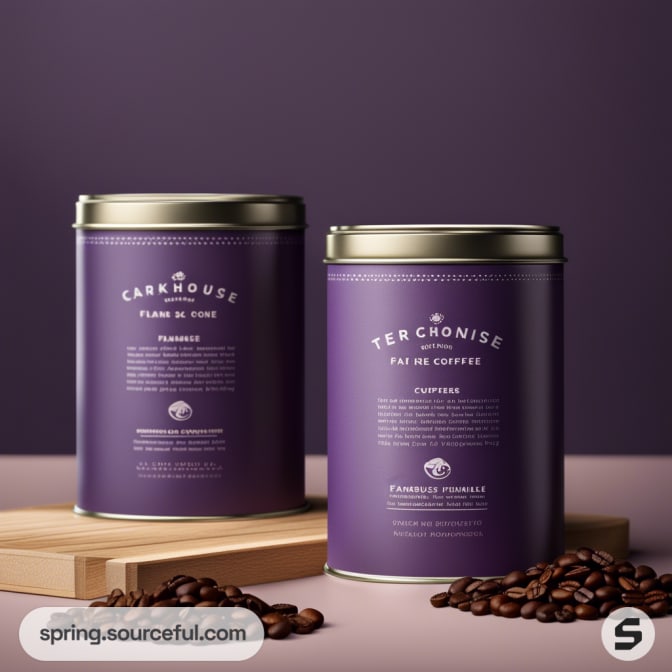 Two purple metal coffee canisters on a surface with scattered coffee beans.