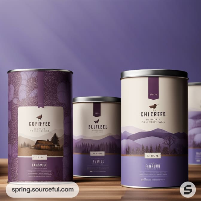 Coffee canisters with scenic illustrations and purple color scheme on a gradient purple background.