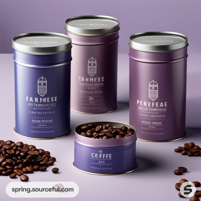 Set of four cylindrical coffee tins in lavender and purple hues with coffee beans and decorative lids.