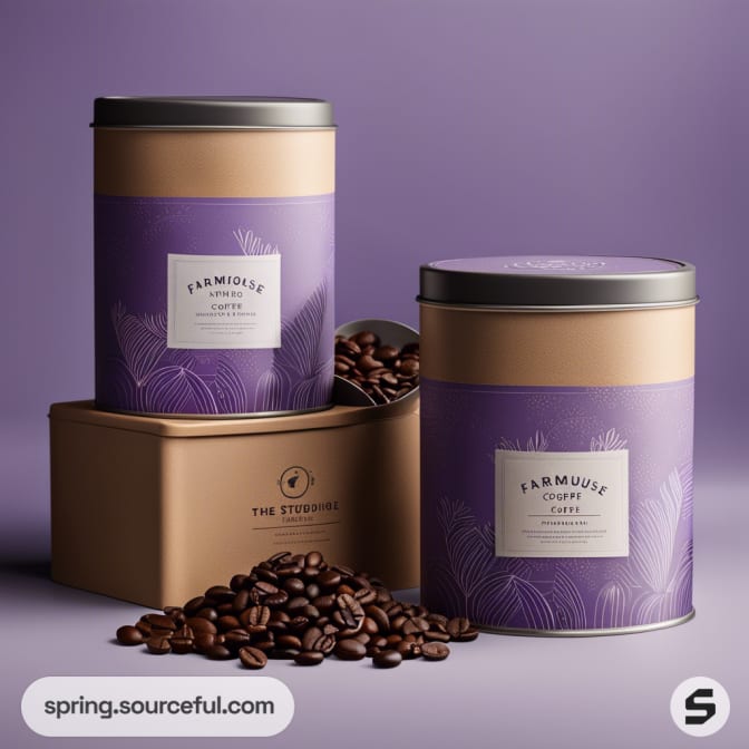 Two cylindrical coffee tins with purple labels on a light purple background, with coffee beans scattered in front.