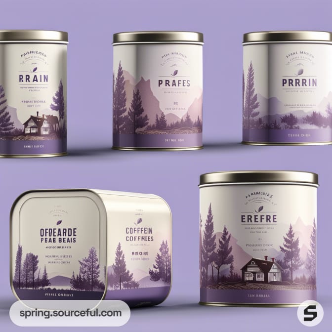 Purple-themed tin cans with mountain and tree designs on a lavender background.