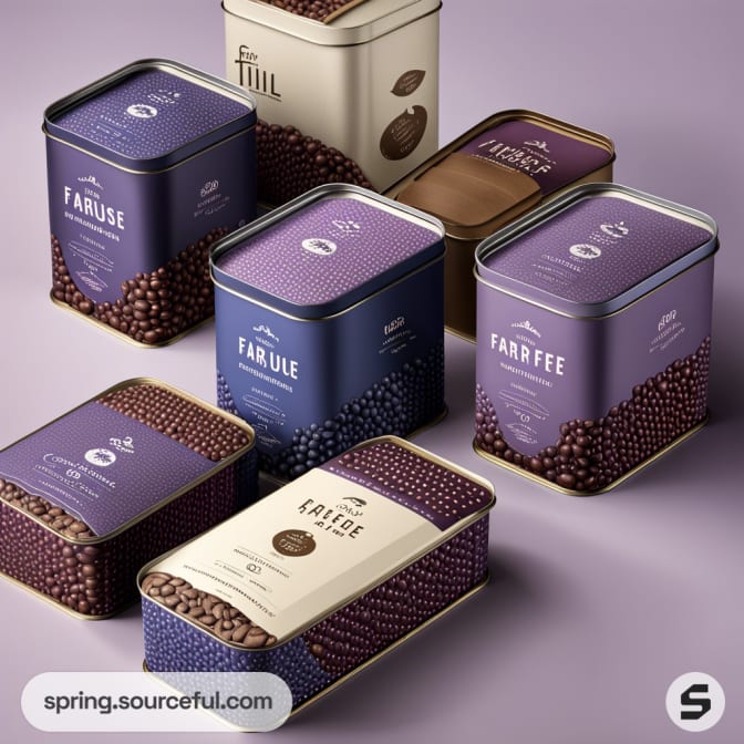 Assorted rectangular coffee tins with purple and brown designs, featuring bean illustrations on the lids.