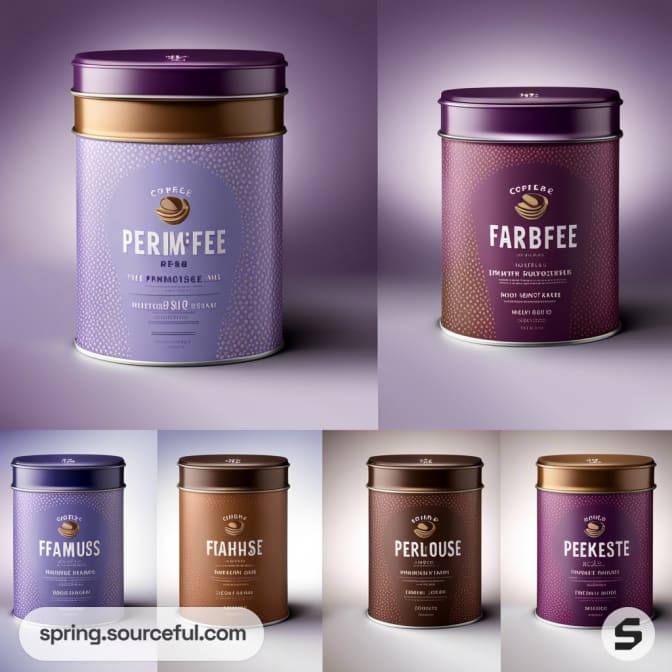 Set of five cylindrical tins with purple and brown shades, each with distinct labels and colors.
