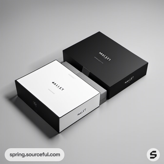 Black and white drawer boxes with minimalist design on a gray background.
