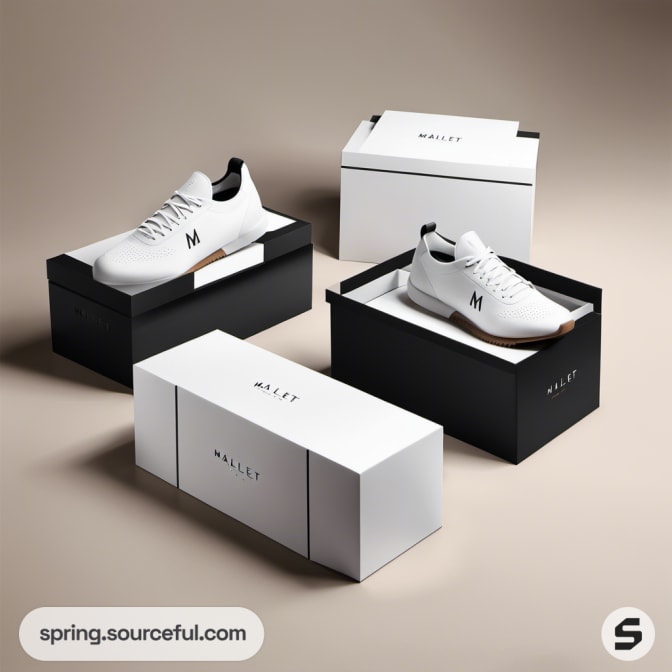 Multiple pairs of shoes with matching black and white boxes.