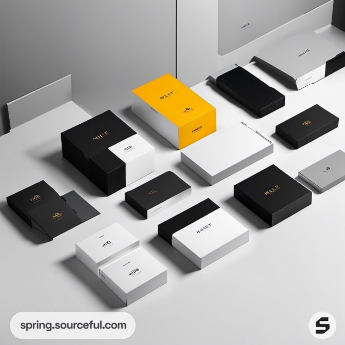 Assortment of black, white, and yellow packaging boxes.