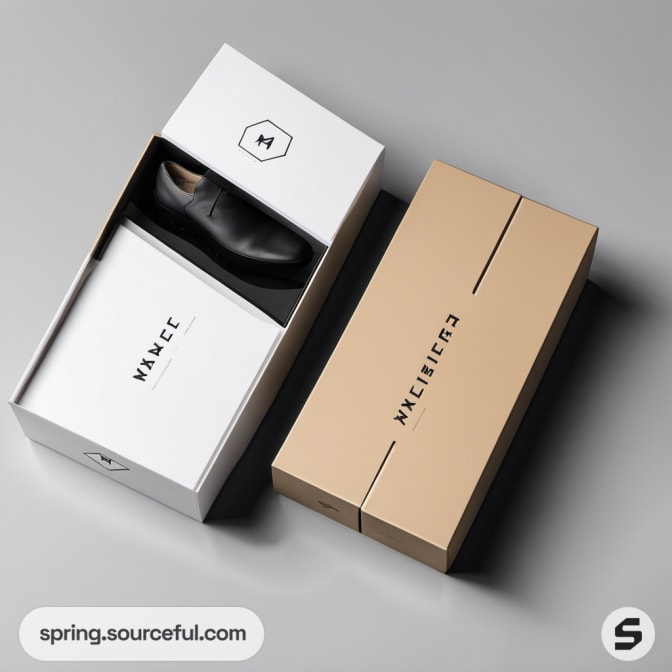 Black shoes in white and beige slide-out boxes.