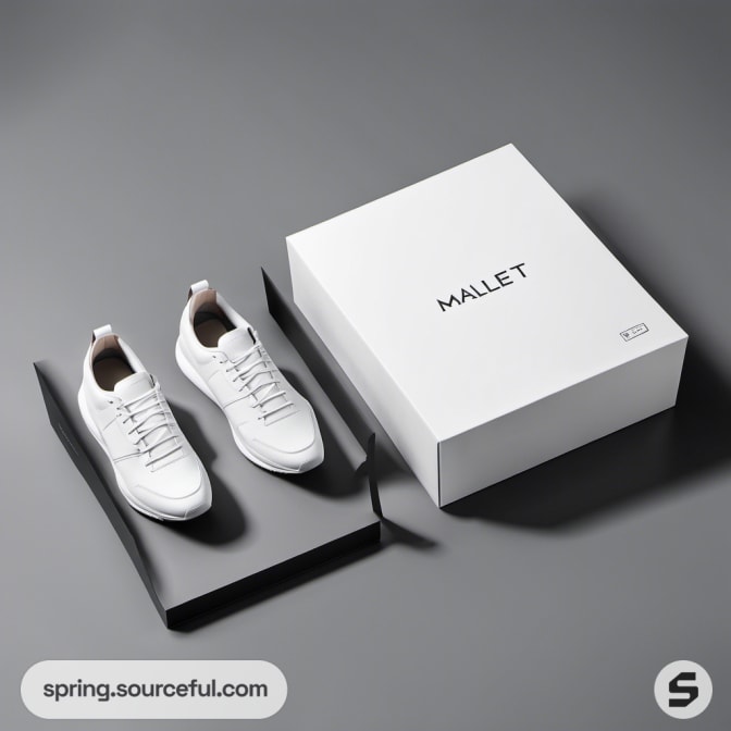 White shoes next to an open black and white shoe box.