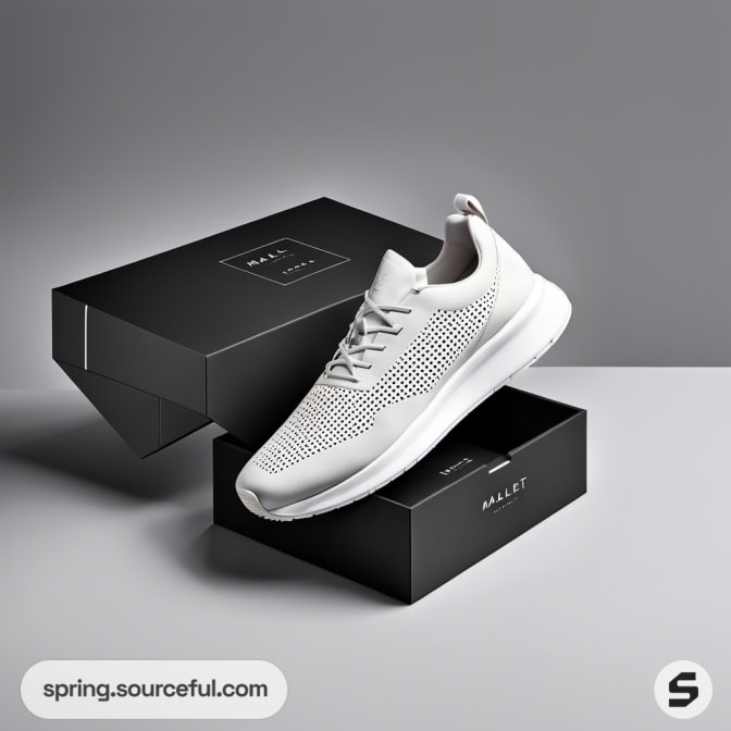 White athletic shoe on an opened black box.