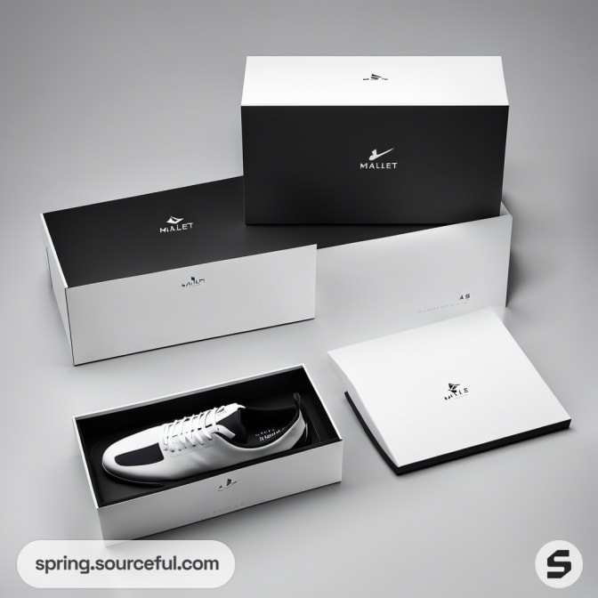 Black and white shoe boxes with minimalist branding design.