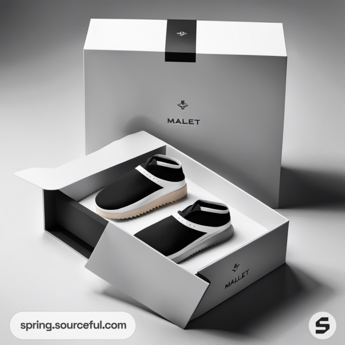 Black shoes in a white and black gift box.