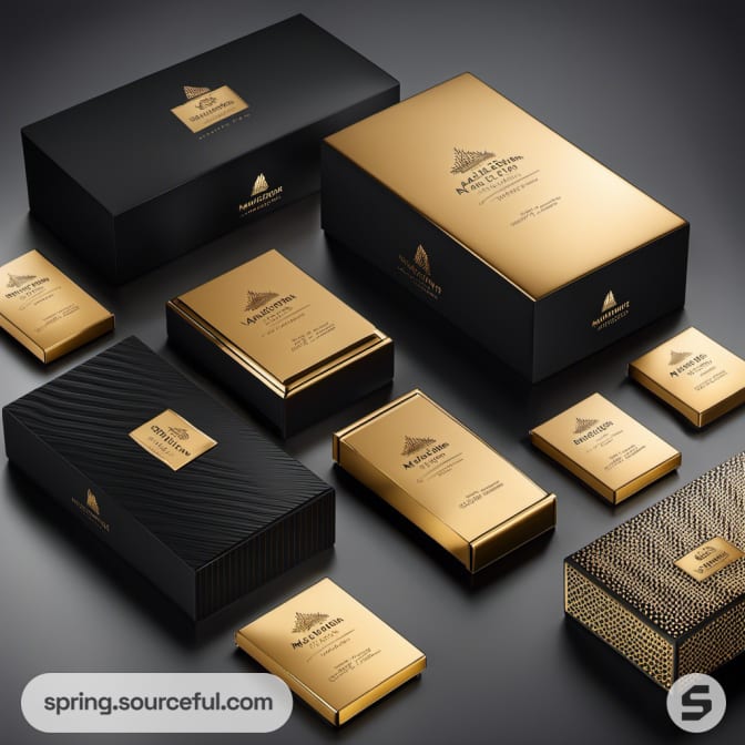 Gold and black rectangular packages on dark background.