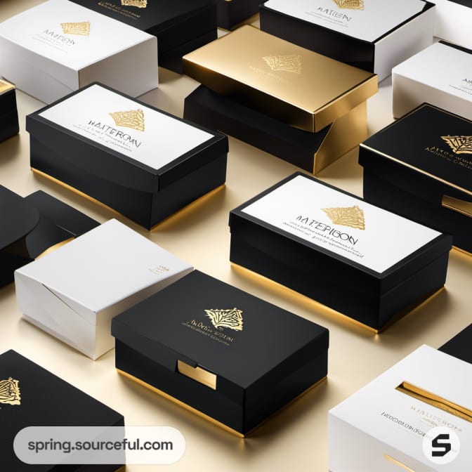 Variety of black, white, gold packages.