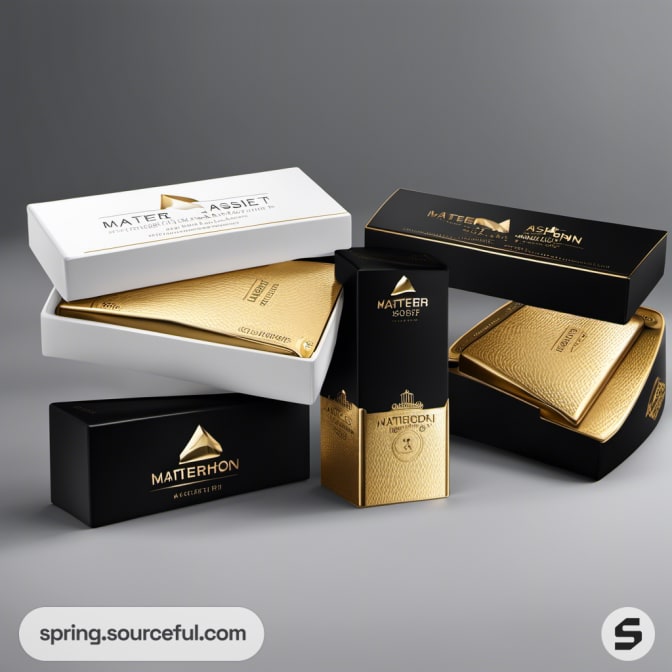 Gold and black packaging with product display.