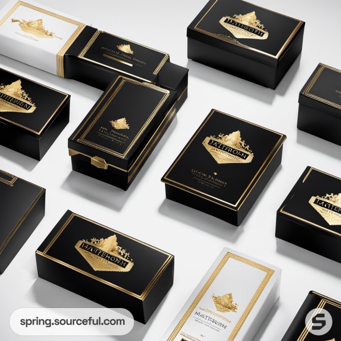 Black and gold packaging boxes variety.