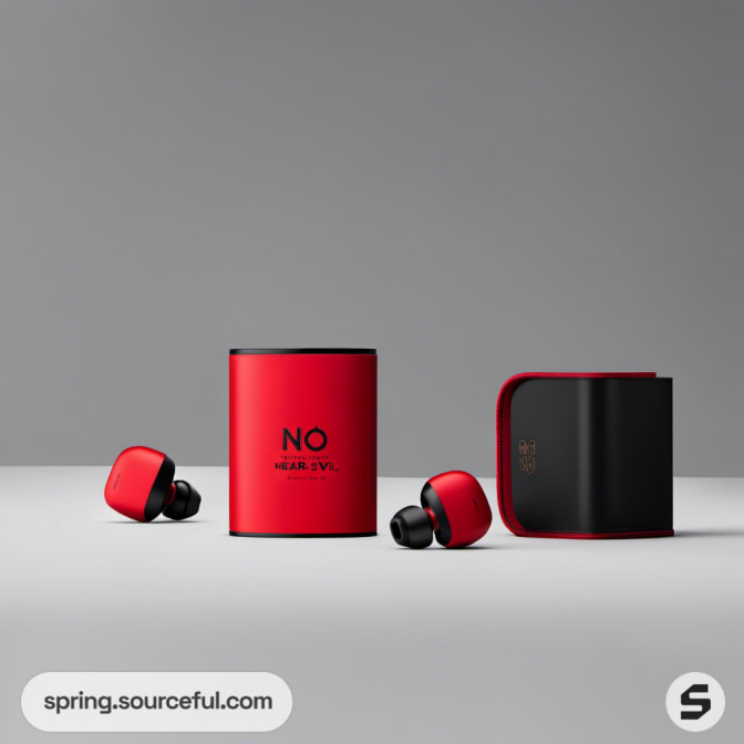 Red and black earbuds with matching cases on a minimalist gray background.