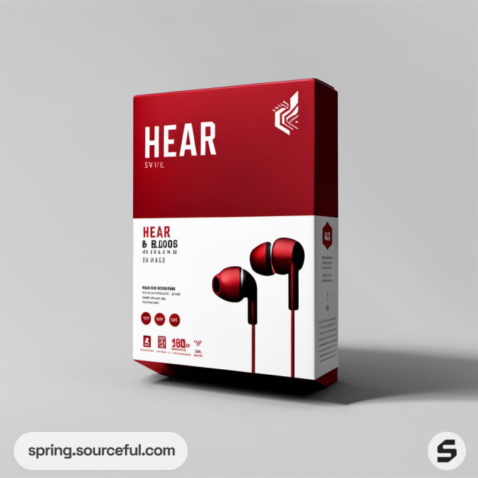 Red boxed earphones package on a gray backdrop, featuring earbuds image and product details.