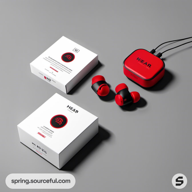 Compact white boxes with red black earbuds case on a gray surface.