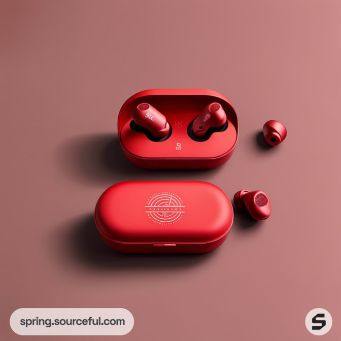 Red earbuds in an oval red case on a brownish background.