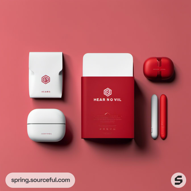 Collection of red and white earbud cases with red packaging on a pink surface.