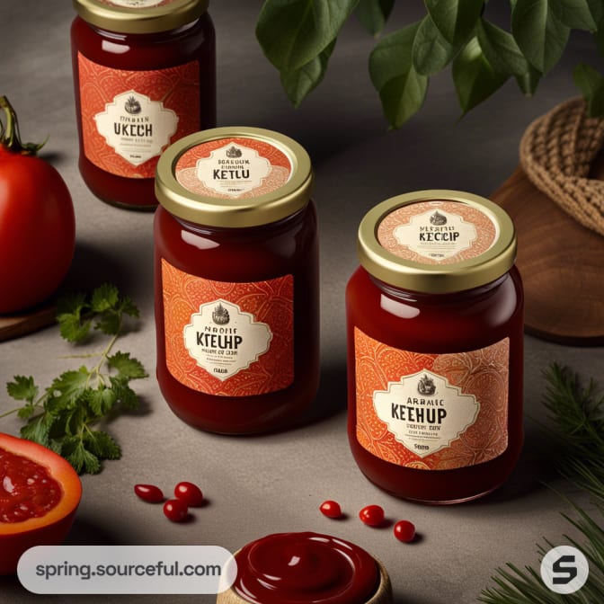 Glass jars of gourmet ketchup with leafy background and tomatoes.