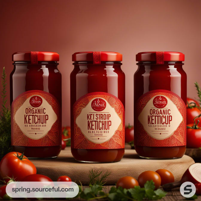Red jars of organic ketchup with tomato decorations.