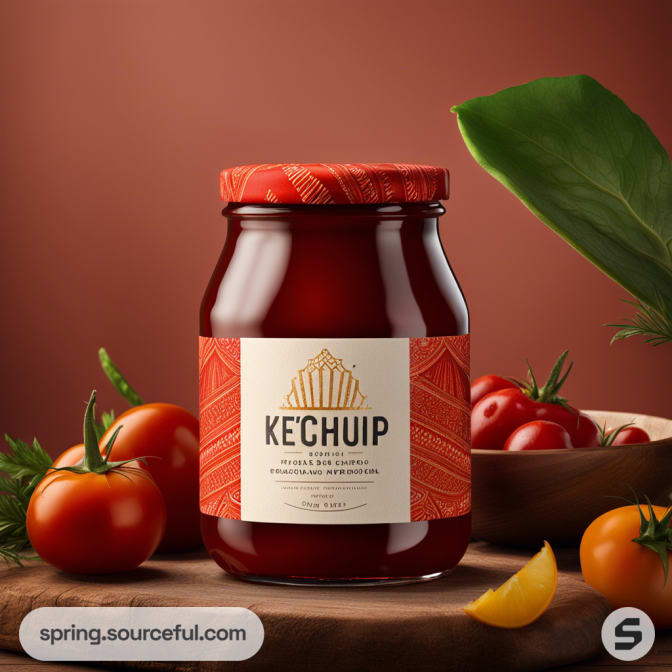 Single jar of ketchup with red lid and tomato garnish.