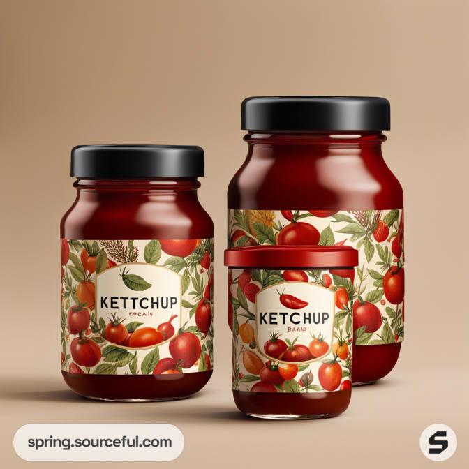 Jars of ketchup in colorful tomato-patterned labels.