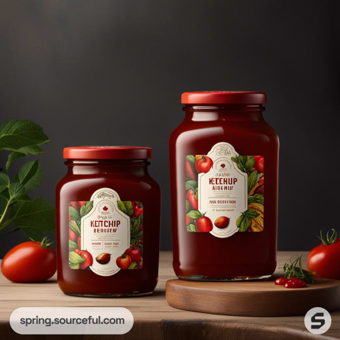Two large ketchup jars with botanical labels on dark backdrop.