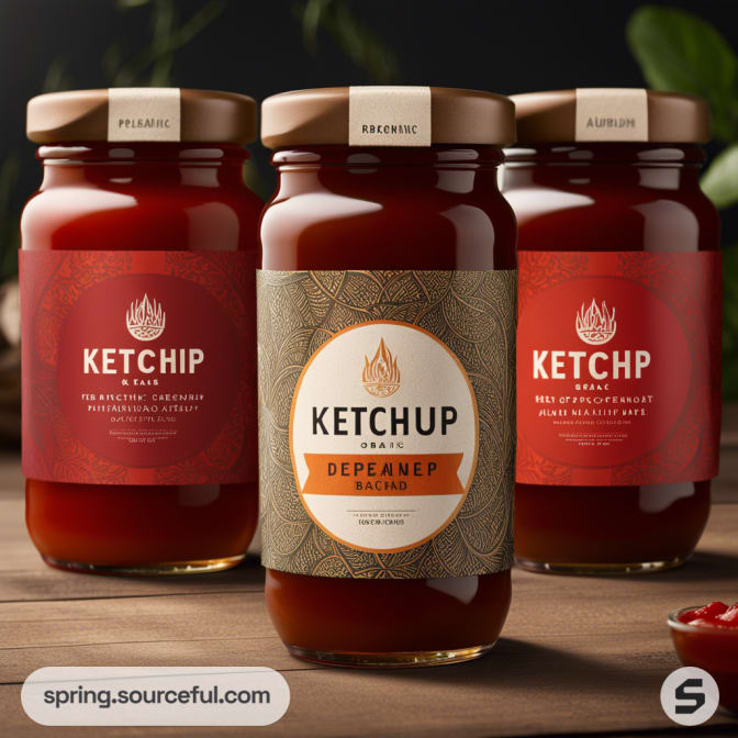 Three glass jars of ketchup with ornate label designs.