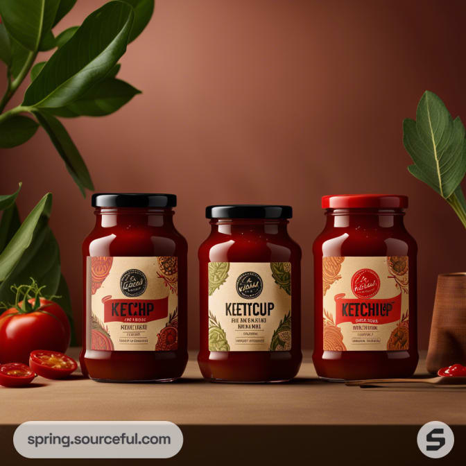 Jars of ketchup on wooden surface against a leafy backdrop.