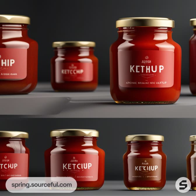 Small glass jars of ketchup with gold lids on grey background.