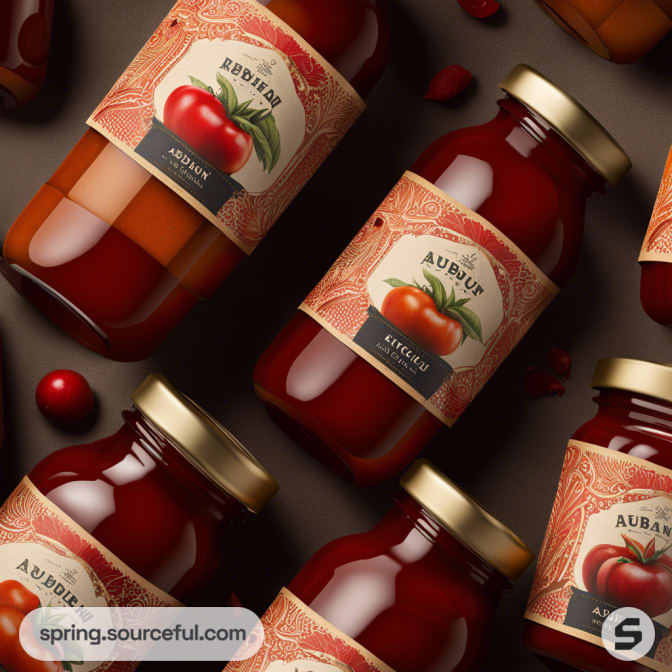 Glass ketchup jars with vintage tomato illustrations.