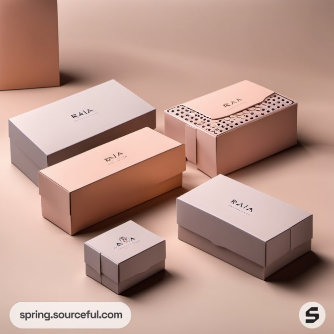 Assorted pink and beige boxes with minimalist designs on a neutral backdrop.