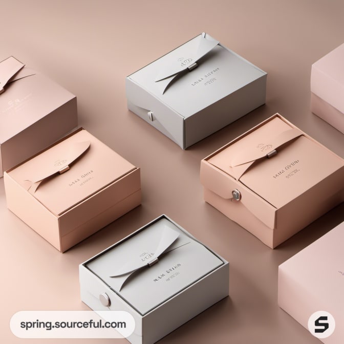 Stylish pink and gray gift boxes with ribbon details on beige surface.
