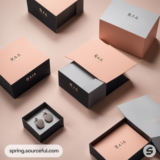 Sophisticated pink and black boxes with jewelry displayed on a light background.