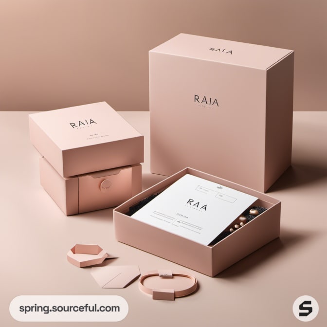 Chic pink boxes with jewelry and packages on a smooth beige surface.