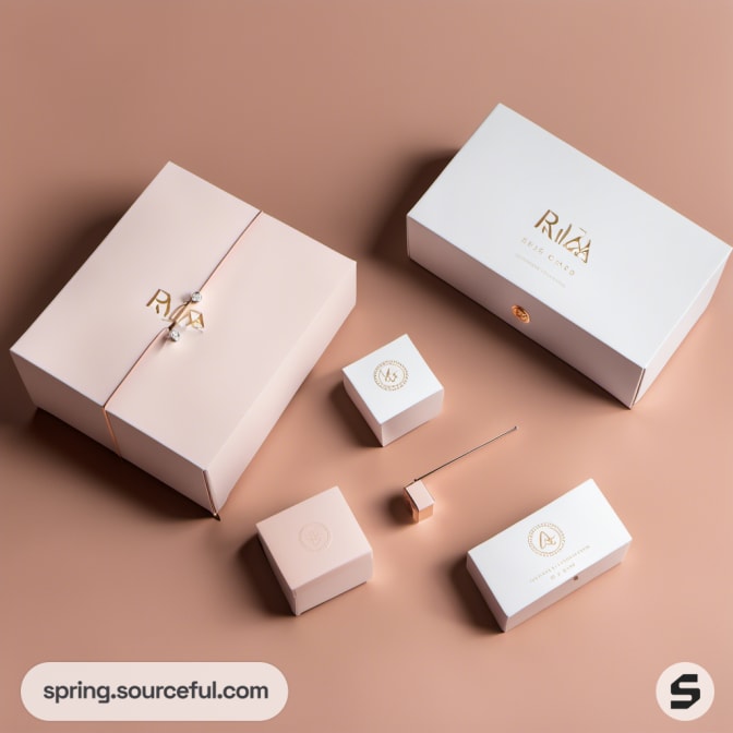 Luxurious pink and white boxes with gold detailing on a beige backdrop.