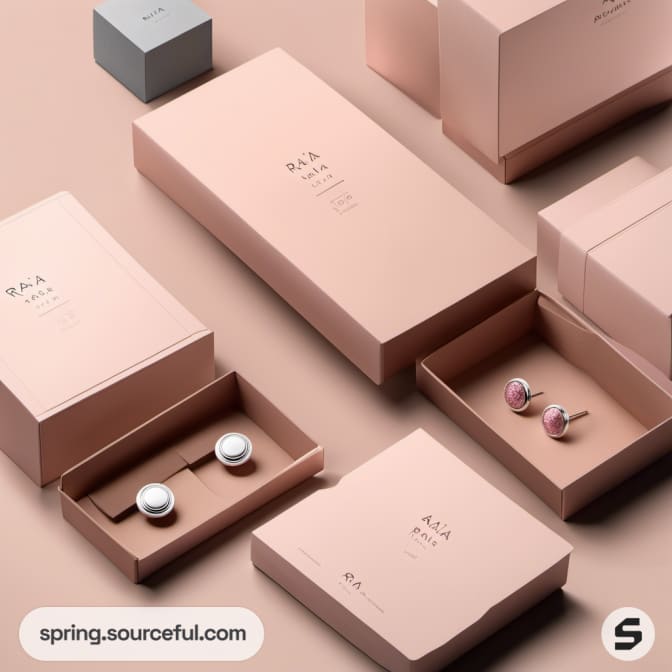 Elegant pink boxes with white interiors and earrings on a neutral surface.