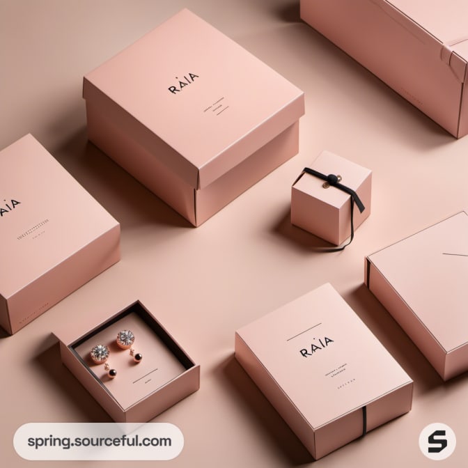 Refined pink boxes with jewelry arranged neatly on a beige background.