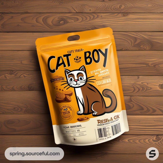 Orange pouch with illustrated cat and cookies on wooden background