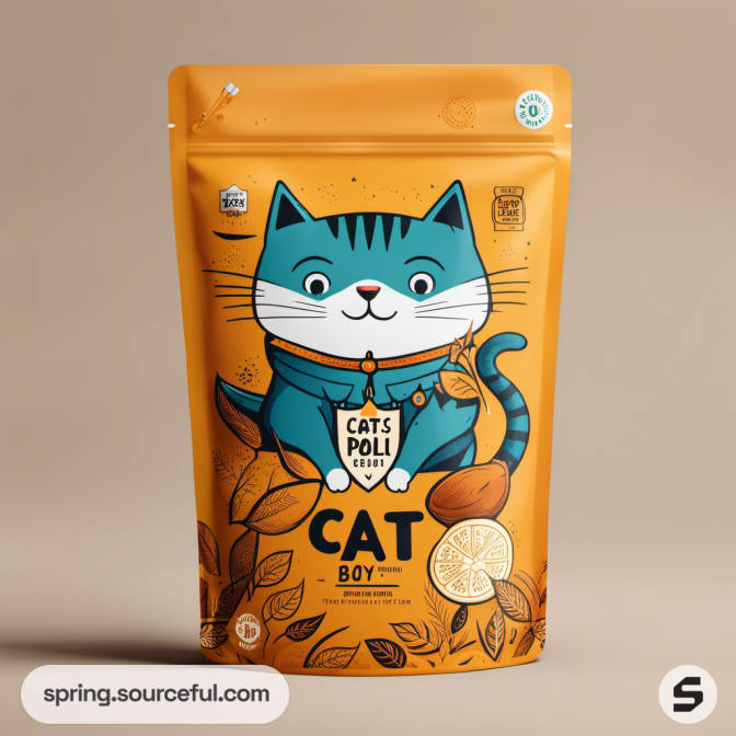 Orange pouch with cartoon cat and lemon graphic
