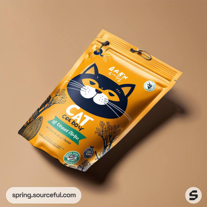 Orange pouch with black cat and foliage design