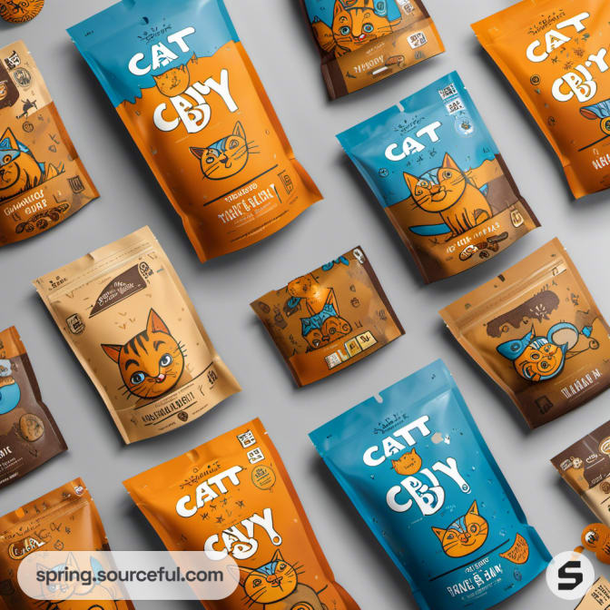 Variety of cat-themed pouches in orange and blue