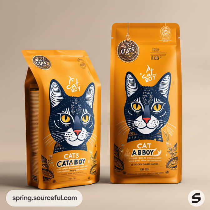Orange pouches with realistic cat face illustration