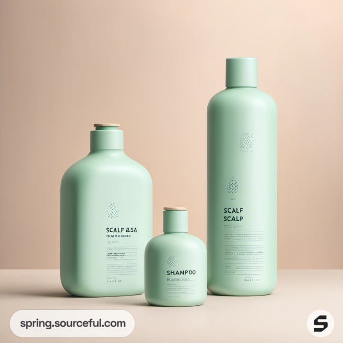 Three mint green shampoo bottles on beige background.