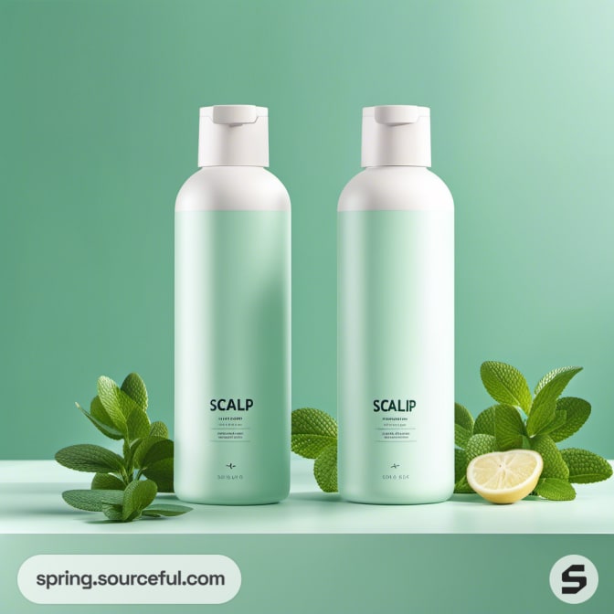 Two mint green bottles with mint leaves and lemon slice.